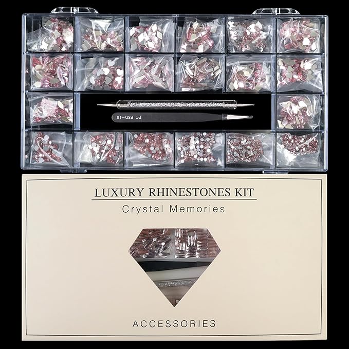Yzzseven 14 Types of 700 Pink Diamonds + 1500 Flat Rhinestones Mix 20 Styles Flatback DIY Crafts Rhinestone Crystals 3D Ornament‌s Flat Back Stones Set + Tweezers + Drill Pen