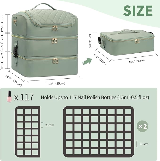 Extra Large Nail Polish Organizer Holds 117 Bottles - Three Layer Nail Organizers And Storage Bag, Portable Nail Supplies Organizer Case, Nail Tech Kit Travel Carrying Box with Shoulder Strap