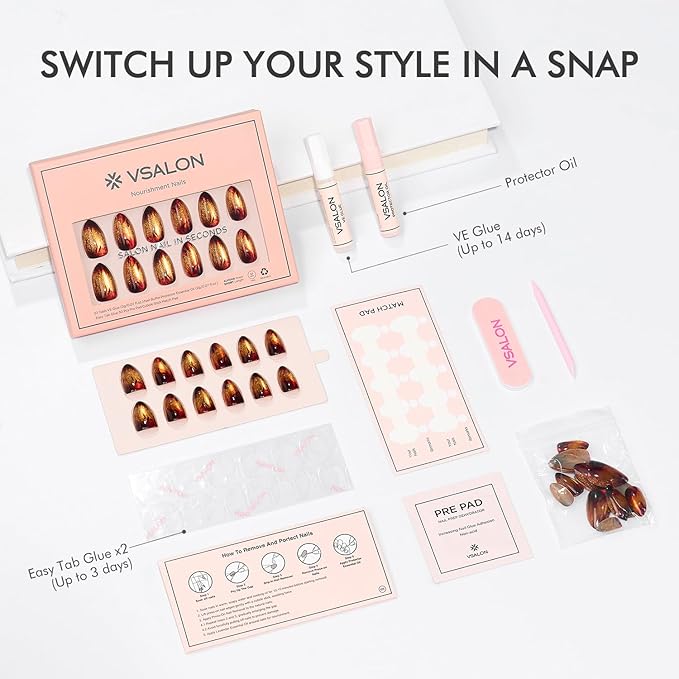 VSALON Press on Nails Short Almond - Golden Spakly Cat Eye Glitter Flame Design, Reusable Opaque Gel Magnetic Effect Fake Nails with Glue & Cuticle Oil - 32 PCS in 16 Sizes Valentines Gift for Women