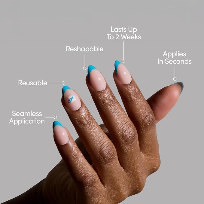 Glamnetic x Fanatics Press On Nails - Miami Dolphins | Short Almond Fake Nails, NFL Dolphins Blue French Tips, Football Nails, Salon-Quality | 15 Sizes - 30 Nail Kit with Glue