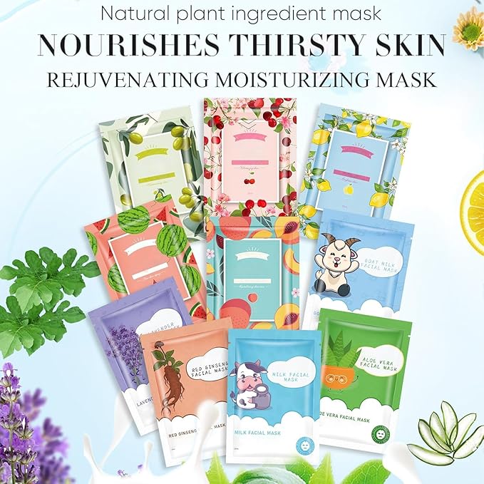 10 Pack Sheet Face Masks Skincare for All Skin Types, Hydrating Face Masks Suitable for Sensitive Skin, Sheet Masks with Natural Ingredients Bulk Facial Masks for Women Skin Care, Face Mask for Spa