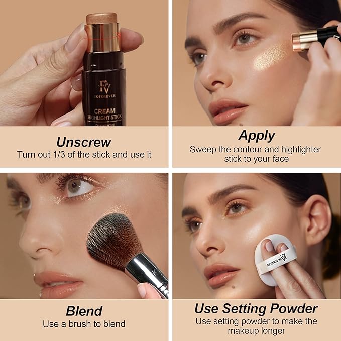 FV Cream Contour and Highlighter Stick - Highly Pigmented & Blendable for a Sculpted, Natural Glow | Waterproof & Long-Lasting Finish | Perfect for On-The-Go Makeup, 04 Light Amber & 03 Champagne