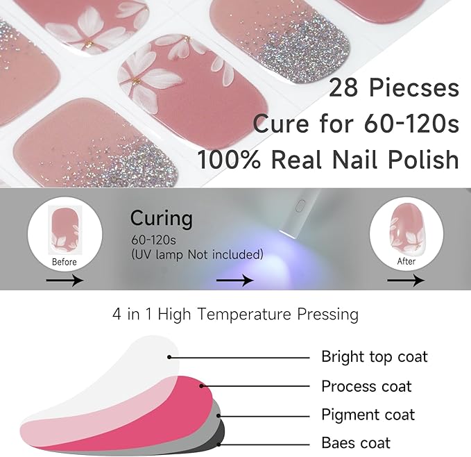 DUKASOU Semi Cured Gel Nail Strips, 56Pcs Nail Art Stickers/Wraps, Long Lasting UV Nail Polish Strips for Adults(Pink Flowers)