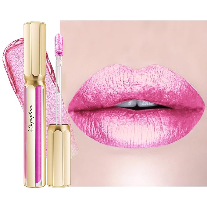 Depuplum Pink Lipsticks for Women Metallic Lipstick Long Lasting Non Stick Cup Lip Gloss, Shimmer Lightweight Hydrating Full Coverage Lip Color, DP119 Princess