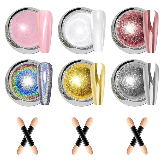 BISHENGYF Gold Chrome Nail Powder - 6pcs Sparkly Laser Holographic Nail Powder Metallic Mirror Effect Pink Nail Chrome POwder, White Pearl Pigment Holo Iridescent Glitter Dust Kit, Nail Art Decoration