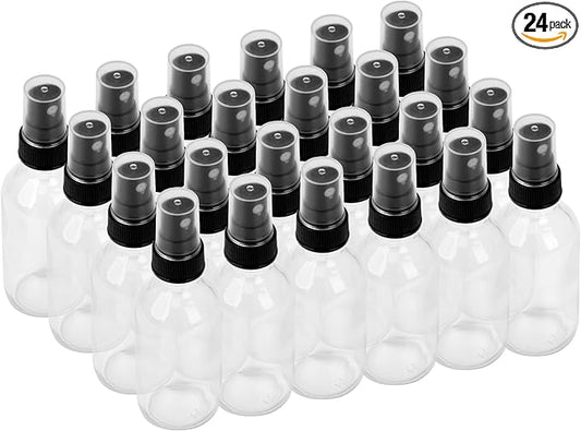BILLIONSTARS 24 Pack 2oz Glass Boston Round Bottle with Fine Mist Sprayer - Clear - Essential Oils, Bath, Beauty, Hair & Cleaning - Leakproof Travel Bottles