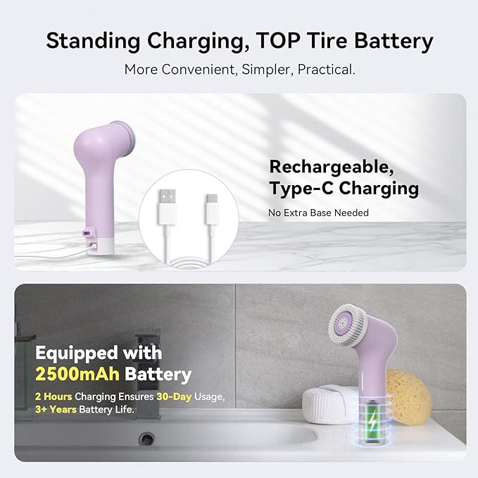 Electric Facial Cleansing Brush, Rechargeable Silicone Face Scrubber exfoliator,3 Speeds,Waterproof, Exfoliating & Massage,for Women & Men Skin Issues,Romantic lavender for Valentine's Day gift