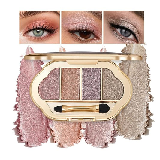Neutral Shimmer Glitter Eyeshadow Makeup Palette – Rose Mauve, Copper Bronze, Lavender Silver & Champagne Taupe Metallic, High Pigment Blendable Cool-Toned Mini Eye Shadow Palette for Blue Green Eyes