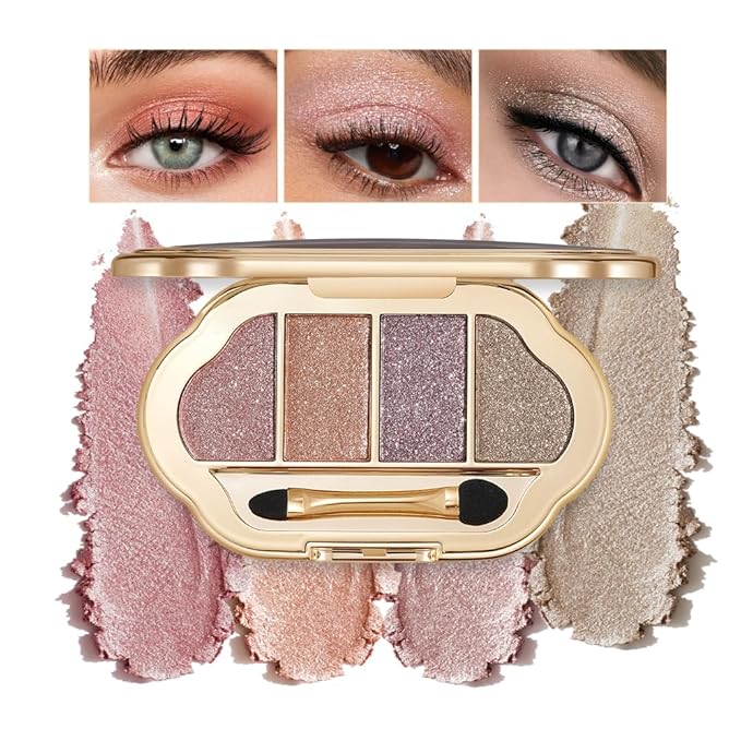 Nude Eyeshadow Palette 4 Colors, Champagne Chocolate Shimmer Matte Nude Eye Shadow Quad, Smooth Long-Lasting Highly Pigmented Formula, Easy for Beginners, Ideal for Daily Soft Glam Makeup, 3#