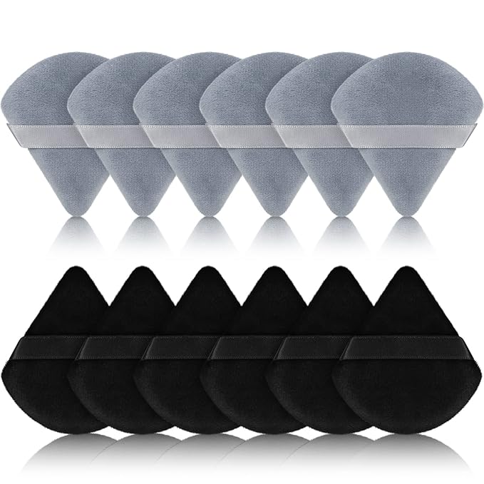 Maitys 12 Pcs Powder Puff Triangle for Face Makeup Cosmetic Loose Powder Puff Velour Soft Body Washable Reusable Foundation Sponge Wet Dry Makeup Tool for Women(Small,Black, Gray)