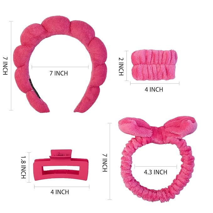 Yaqulen 7 Pcs Spa Set, Facial Headband and Wristband Set, Skincare Accessories, College Style Girl Idea Gifts, Hair Accessories for Women and Girls（Hot Pink）