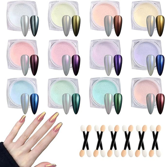 SUTOKAKA Mermaid Pearl Chrome Nail Powder 12 Colors Metallic Mirror Effect Iridescent Aurora Nail Glitter Pigment Rub-on Dust for Gel Nails Decoration Manicure Design