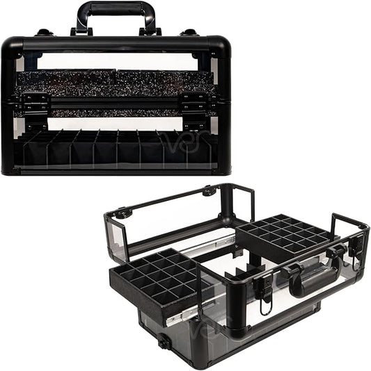 Ver Beauty Professional Armored Clear Acrylic Makeup Nail Tech Case with 2 Sliding Trays and Removable Dividers for Nail Polish Organizer Lockable Portable Travel Cosmetic Display Aluminum Case