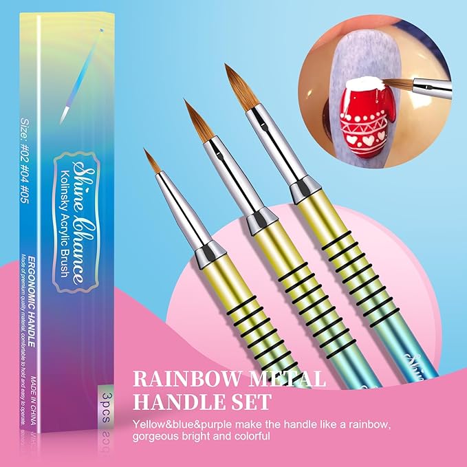 Shine Chance 3Pcs Acrylic Nail Brushes Set Size 2 4 5, Kolinsky Hair Acrylic Nail Art Brush, Art Design & Polish Mistake Cleaning Manicure Tools for Women Acrylics Application, Gradient
