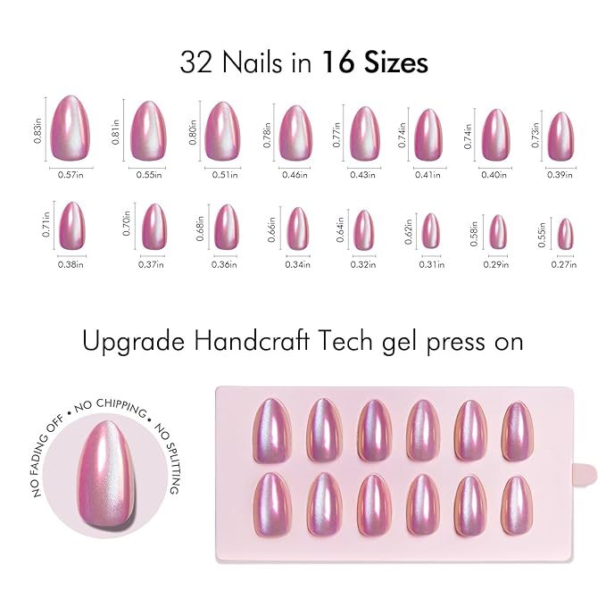 VSALON Press on Nails Short Almond - Pink Cat Eye Chrome Nails Kit for Women, Halloween Reusable Aurora Effect Opaque Gel Fake Nails with Glue & Cuticle Oil - 32 PCS Stick On Nails in 16 Sizes
