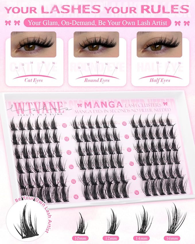 Wtvane Lash Clusters Manga Eyelash Clusters Wispy Lash Clusters with Spikes 10-16mm Natural Cluster Eyelashes Extensions Anime False Eyelashes with Thin Band Fairy Lashes Cluster DIY Lash Extensions