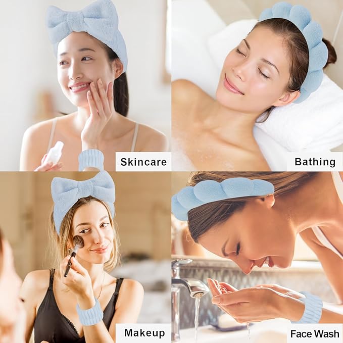Canitor Spa Headband Wrist Bands Set with Hair Clips Skincare for Washing Face Skin Care Puffy Makeup Preppy Teen Girl Gifts Cute Trendy Stuff Hair Accessories for Women (blue)