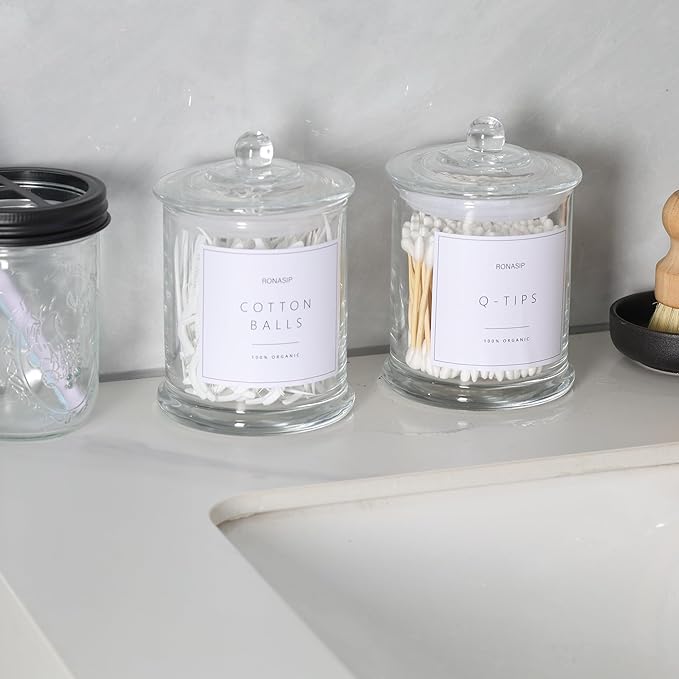 Ronasip Qtip Holder & Cotton Pad Dispenser, Bathroom Organizer and Storage Canisters, 16oz Glass Apothecary Jars for Kitchen, Restroom - Home Decor, Room Decor Aesthetic (2 Pack, Transparent)