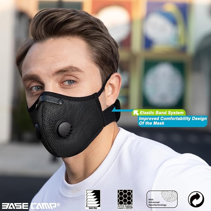 BASE CAMP Upgrade M Plus Dust Mask, Breathable Reusable Dust Face Mask with 6 Activated Carbon Filters, Air Filtration Mask for Smoke Dust Grinding Sanding Sawing Sweeping (2 Silver)