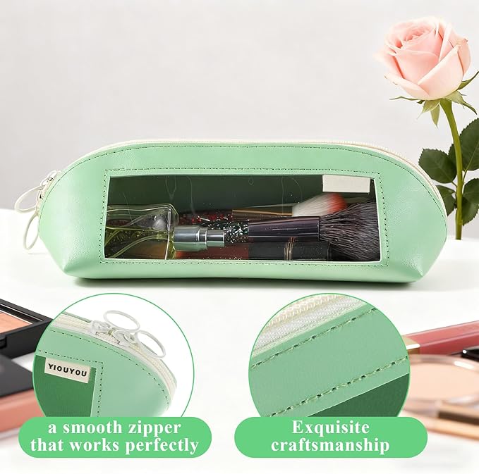 Clear Makeup Brush Bag Portable Makeup Brush Bag PU Leather Small Make up Brushes Pouch Case Transparent Waterproof Travel Cosmetic Organizer Pouch with Zipper for Women Home Office Storage (Green)