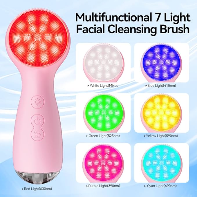Facial Cleansing Brush, Face Scrubber, Electric Face Brush with 7 Colors, Rechargeable Waterproof Exfoliator with Heat and Vibration, Deep Cleansing and Massage for Men and Women(Pink)