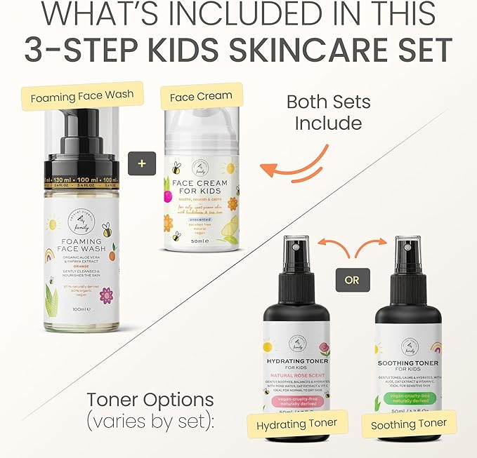 Skincare Set for Kids - Gentle Facial Wash, Hydrating Toner and Cream - Natural Skin Care for Boys and Girls with Aloe Vera and Rose Water - Vegan, Paraben-Free - Award-Winning - Ages 6-12