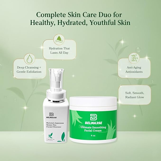 Green Tea Cleanser 10.14 Fl Oz and Hydrating Facial Cream 4 Oz Set – Clean Beauty Routine with Aloe, Cucumber, Coconut Oil & Vitamin E – Lightweight, Vegan & Cruelty-Free