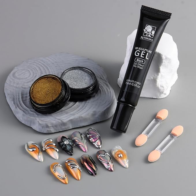 SUTOKAKA 3D Gel Nail Art & Chrome Nail Powder Kit, 15g Black Sculpting Gel No Wipe Molding Gels with Gold Silver Metallic Mirror Effect Chrome Powder Manicure Decoration DIY Salon Home Use