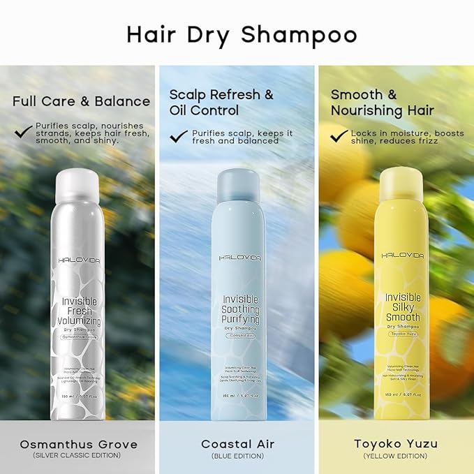 HALOVIDA Dry Shampoo Pack of 3, Invisible Dry Shampoo Spray for Dark Hair Leaves No White Residue, Absorb Oils, Volumizing & Refresh Hair for 72 Hours, 5.07 Fl Oz (Osmanthus Grove+Yuzu+Coastal Air)
