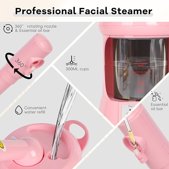 Facial Steamer Professional with Extendable Arm, 360°Rotating Nozzle Face Steamer for Facial Deep Cleaning, Portable Facial Steamer for Beauty, Spa and Home Use（Pink）
