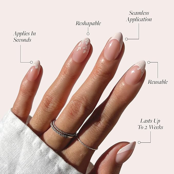 Glamnetic Press On Nails - All Time Love | Glossy, Semi-Transparent, Short Almond French Tip Nails with Leaf Accents, Salon Quality | 15 Sizes - 30 Nail Kit with Glue