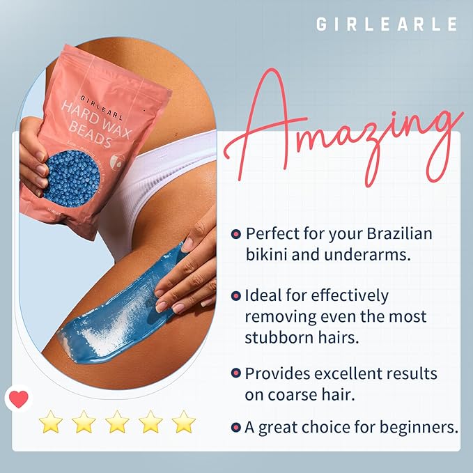 GIRLEARLE Hard Wax Beads, 1lb Wax Beans for Hair Removal, Hard Wax for Women Sensitive Skin at Home, Wax Refill Perfect for Brazilian Bikini, Eyebrow, Legs, Facial and Full Body with Chamomile Formula