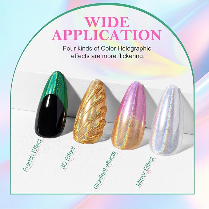NXJ INFILILA Holographic Chrome Nail Powder, 4 Colors Gold, Silver, Pink, Green Rainbow Unicorn Iridescent Glitter Pigment Dust for Nail Art Design Professional Salon & Home Use