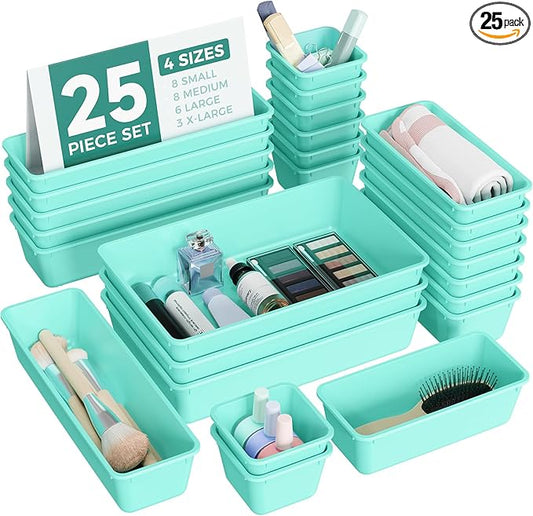 BiuLeon 25 PCS Plastic Drawer Organizers Set, 4-Sizes Vanity and Makeup Organizer, Desk and bathroom Drawer Organizer Trays, Organizers and Storage for Makeup, Jewelry, Gadgets, Utensils (Blue)
