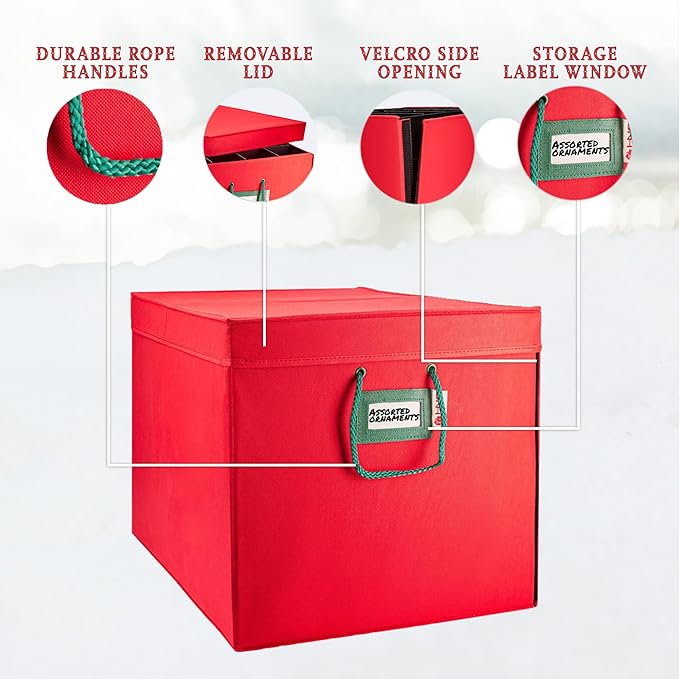 HOLDN’ STORAGE Christmas Ornament Storage Box with Dividers, Stores Ornaments up to 96 of 3 Inch Large Christmas Ball Storage Containers with 4 Trays - Red
