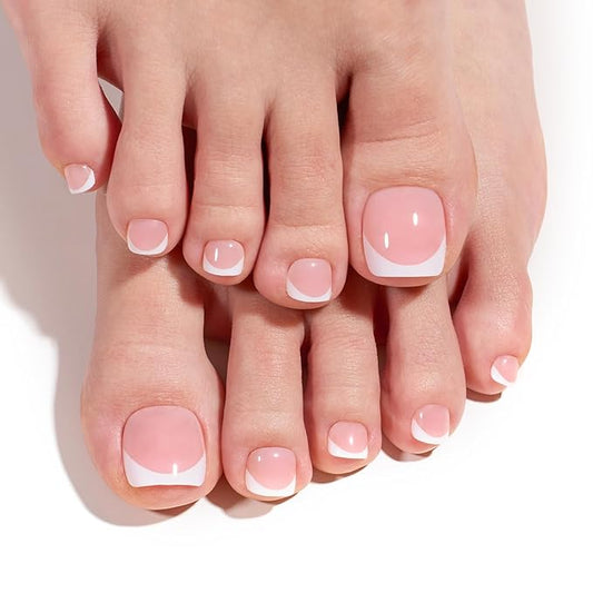 Beetles Toe Nail Press Ons Short - White French Tips Press On Toe Nails Square for Women - Perfect fit for feet with Jelly Glue Fast Dry Glue Fake Toenails in 18 Sizes- 72 Toenails Kit