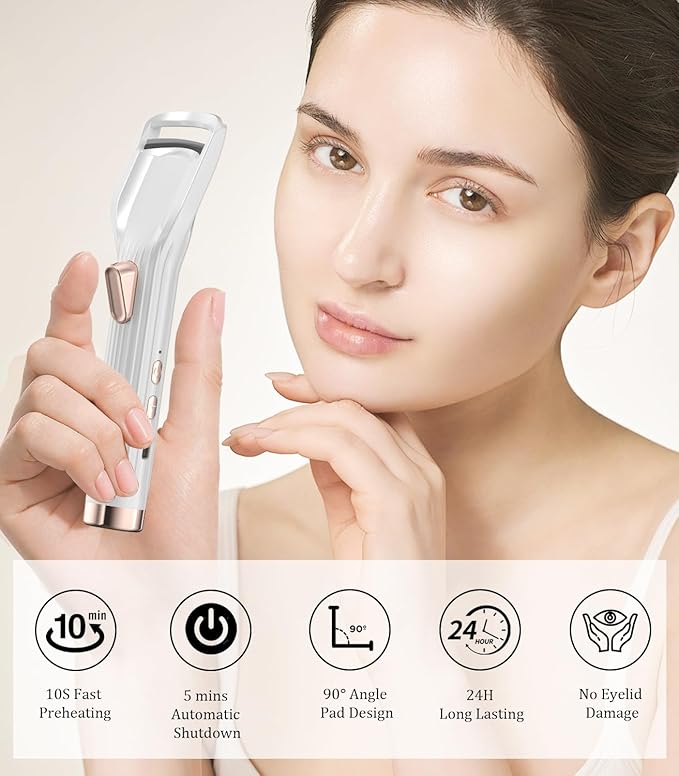 Heated Eyelash Curler Premium PRO - Fast Heat up in 8s - 24 Hours Long Lasting - Rechargeable Electric Eyelash Curler with Type-C, Innovative L Silicone, 2 Heat Modes, Anti-Burn Eyelid, White-DC