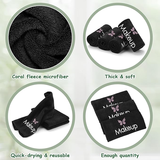 Shimeyao 20 Pack Makeup Towels Black Makeup Washcloths for Face Butterfly Microfiber Remover Cloth 13x13 Inch Quick Dry Face Towels for Cleansing Hand
