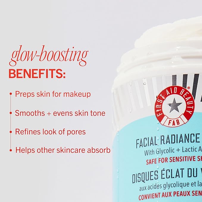 First Aid Beauty - Facial Radiance Pads with Glycolic & Lactic Acids, Daily Exfoliating Pads with AHA, Visibly Smaller Pores, Help Tone & Brighten Skin, One-Step Makeup Prep, Compostable, 28
