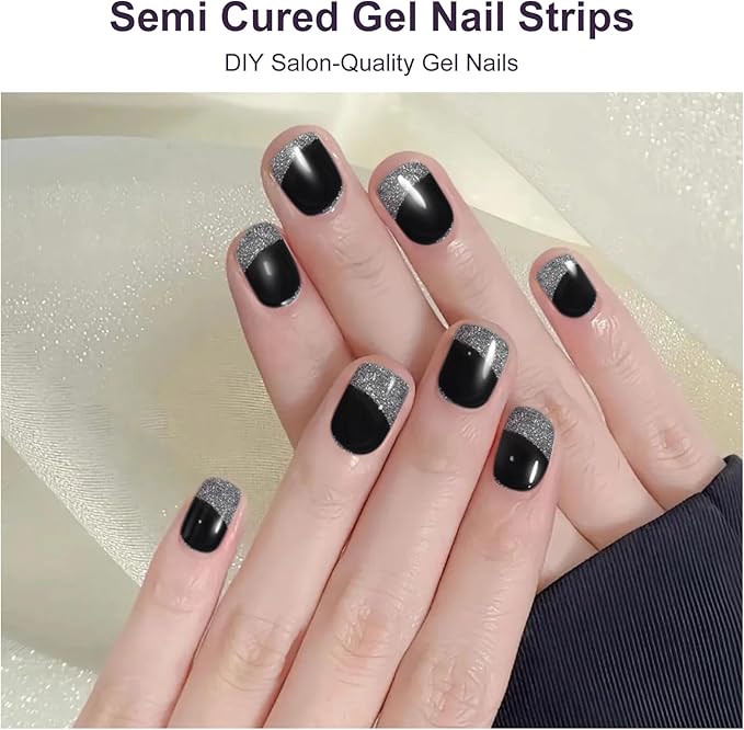 DUKASOU Semi Cured Gel Nail Strips, 56Pcs Nail Art Stickers/Wraps, Long Lasting UV Nail Polish Strips for Adults(Silver+Sequined Black)
