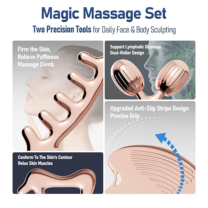 Gua Sha Facial Tools & Face Roller Set, Stainless Steel Facial Massager Tools for Lymphatic Drainage & Face Sculpting, Textured Guasha for Better Grip, Double Chin Reducer, Skincare Gift(RoseGold)