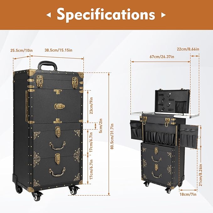 Beauty Salon Luggage, Rolling Lockable Makeup Train Case, Hairdressing Trolley Stylist Beauty Salon Cosmetic Luggage Travel Organizer Tool Box with Hair Dryer Holder for Makeup, Black