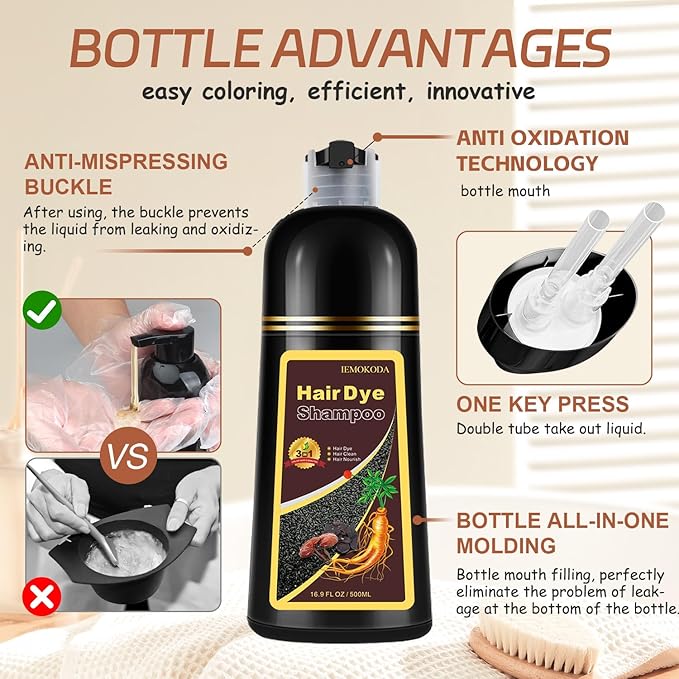 Instant Dark Brown Hair Dye Shampoo for 100% Gray Hair Coverage, Natural Herbal Hair Color Shampoo Hair Dye, 3 in 1 Coloring & Care Formula Lasts 3-4 Weeks, Easy & Quick to Use for Women Men, 500ML
