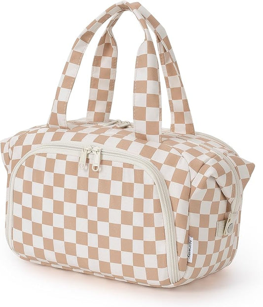 Narwey Travel Toiletry Bag, Wide-open Large Toiletry Bags for Traveling Women, Checkered Travel Bag for Toiletries Cosmetic Makeup Bag Organizer, Skincare Make Up Bag (Light Checkerboard)