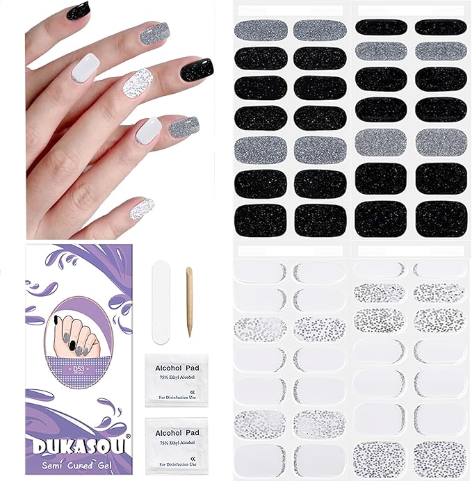DUKASOU Semi Cured Gel Nail Strips, 56Pcs Nail Art Stickers/Wraps, Long Lasting UV Nail Polish Strips for Adults(Black Silver+White French Tip)