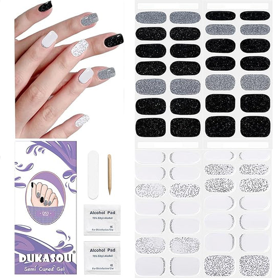 DUKASOU Semi Cured Gel Nail Strips, 56Pcs Nail Art Stickers/Wraps, Long Lasting UV Nail Polish Strips for Adults(Black Silver+White French Tip)
