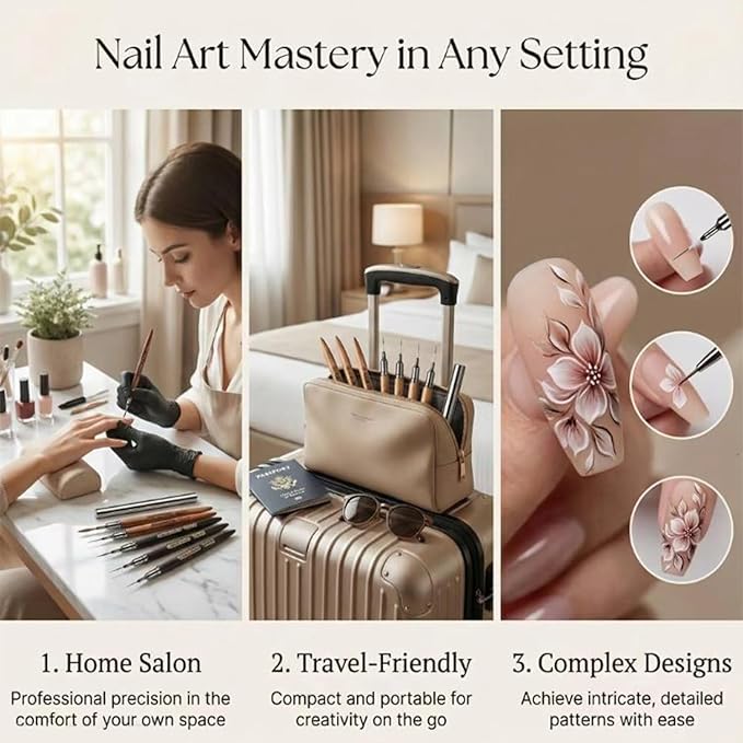 DAIXIANGER 5Pcs Nail Art Brushes, Wooden Liner Brush Set with Storage Tube, UV Gel Polish Painting Tool for Long Lines, Thin Details, Fine Drawing, Sizes 6/8/12/15/18mm-Black