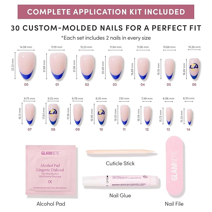 Glamnetic x Fanatics Press On Nails - Los Angeles Rams | Short Almond Fake Nails, NFL Rams Blue French Tips, Football Nails, Salon-Quality | 15 Sizes - 30 Nail Kit with Glue