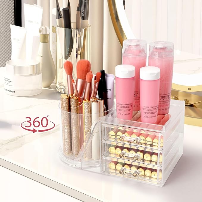 AUOIKK Clear Makeup Organizer with 9 Drawers & Rotating Brush Holder - Large Capacity Cosmetic Display Cases Storage for Vanity, Countertop, Bathroom, Lipstick and Skincare Organization