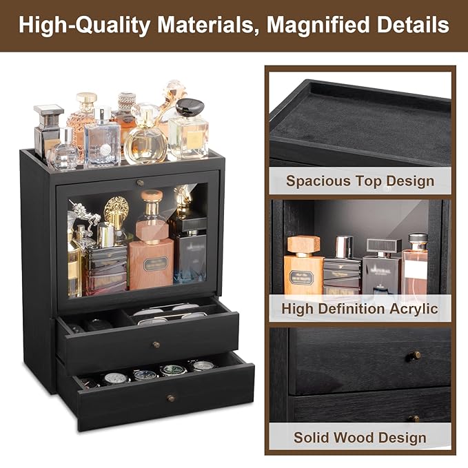 Emfogo Cologne Organizer, 4 Tier Vertical Wood Perfume Stand for Men, Large Capacity Dustproof Perfumes Organizer Cologne Stand with Double Drawer Storage, Gift for Loved ones (Black)